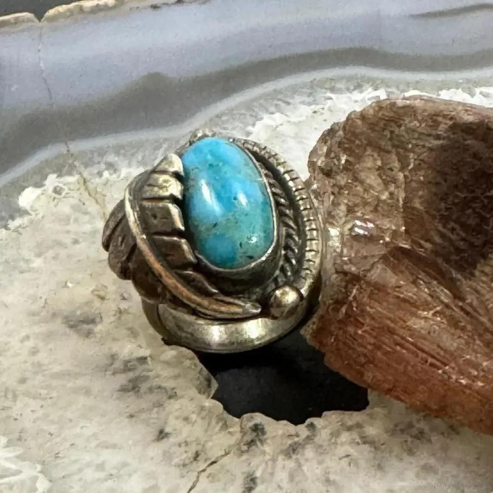 Vintage Native American Silver Turquoise w/Leaf Decoraed Ring Size 6.5 For Women